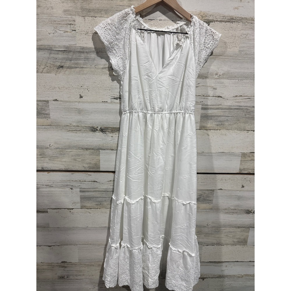 By The River Dress Women Small White Eyelet Lace Tiered Maxi Cottagecore EUC